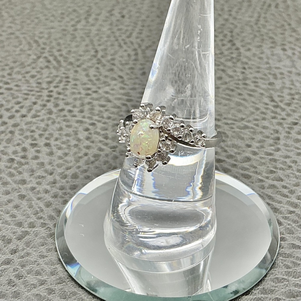 Ring Size 7.5 Silver‎ Tone Oval Opal Halo Clear Crystal Cocktail Womens Jewelry